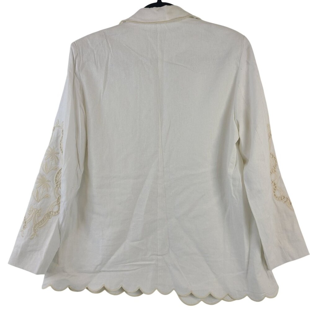 New Joie White Linen Blend Scalloped Blazer Floral Embroidery Open Front SZ M - Picture 10 of 10